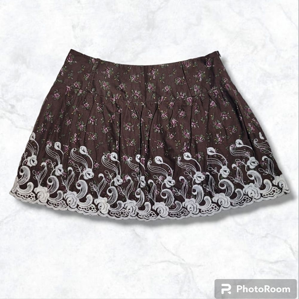 Rachel & Chloe Brown Floral Lace Trim Lined Skirt